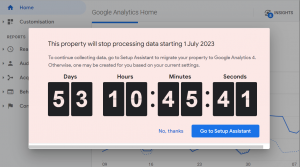 GA4 screenshot of countdown timer until Universal Analytics stops working. Countdown is as of 9th May 2023